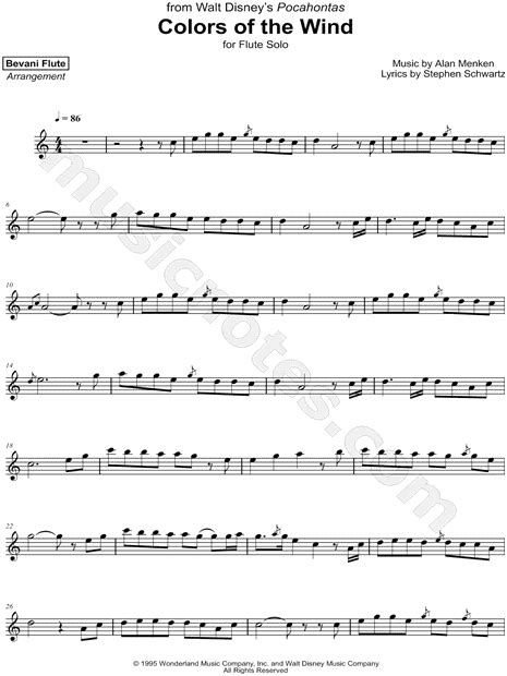 Bevani Flute "Colors of the Wind" Sheet Music (Flute Solo) in A Minor - Download & Print - SKU ...