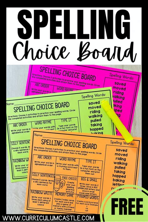 FREE Spelling Choice Board Activities