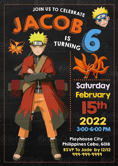 Naruto Shippuden Birthday Invitation Printable Template 5 x 7 or 4 x 6 - Jamakodesigns