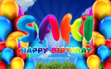 Download wallpapers Saki Happy Birthday, 4k, cloudy sky background ...