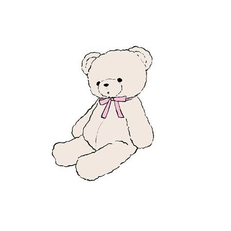 a white teddy bear with a pink ribbon on it's neck sitting down and looking at the camera