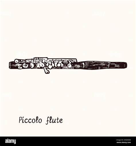 Piccolo flute. Ink black and white doodle drawing in woodcut style with ...