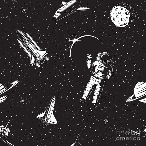 Space Seamless Pattern Black And White Digital Art by Vectorpot - Pixels