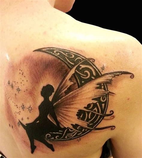 Realistic Fairy On Celtic Half Moon Tattoo On Right Back Shoulder ...