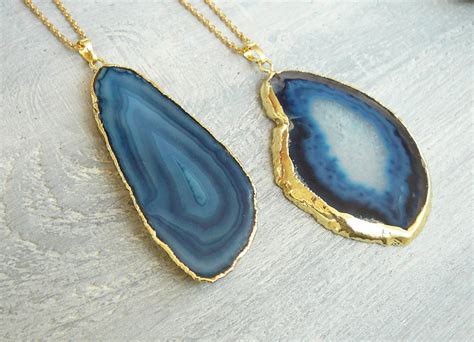 Large Agate Necklace Slice Blue Agate Pendant for Women Big - Etsy