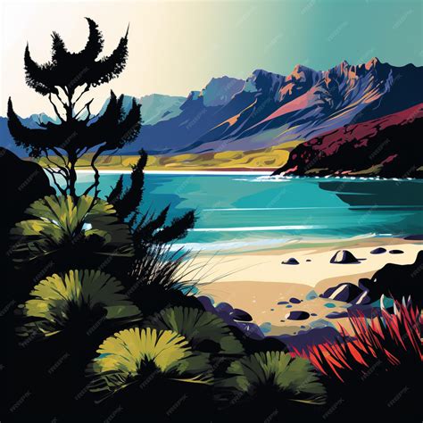 Premium AI Image | A painting of a beach with mountains in the background.