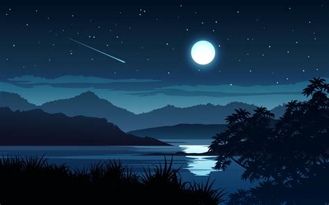 Night time scene with bright full moon at lake 5732461 Vector Art at Vecteezy