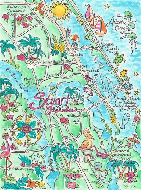 Watercolor Map Of Stuart Florida | Etsy - Map Showing Stuart Florida ...