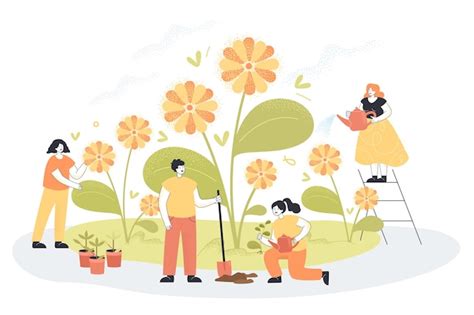 Free Vector | Garden work of people growing yellow flowers in spring ...