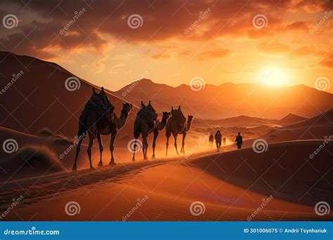 Silhouette of a Caravan in the Desert at Sunset. Stock Image - Image of ...