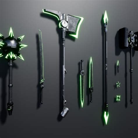 an assortment of green and black items on a gray surface with arrows pointing to them