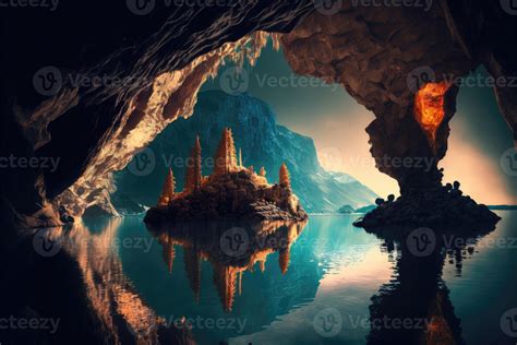 AI Generated Giant rocks and cave entrance reflect on water of lake ...