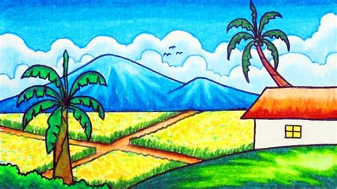 Easy Rice Fields Scenery Drawing | How to Draw Scenery of Paddy Fields with Oil Pastels - YouTube