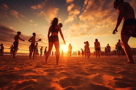 Premium AI Image | Sunset Beach Volleyball Action with Athletes