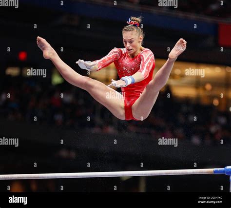 St Louis, USA. June 27, 2021: Grace McCallum performs her bar routine during Day 2 of the 2021 U ...