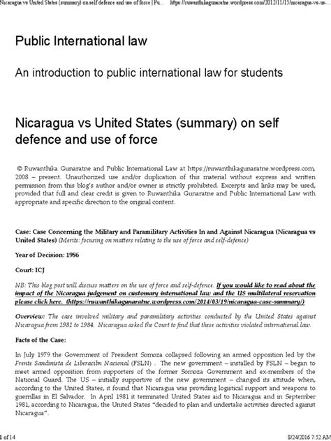 Nicaragua Vs United States (Summary) On Self Defence and Use of Force - Public International Law ...