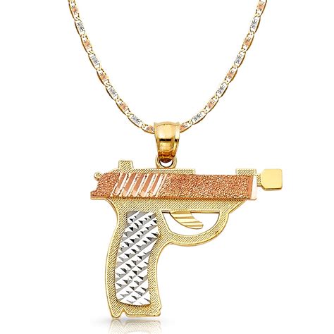 Ioka - 14K Tri Color Gold Pistol Gun Charm Pendant with 3.3mm Valentino Star Diamond Cut Chain ...