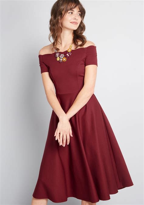 Timeless Favorite Off-Shoulder Dress | Burgundy midi dress, Mod cloth dresses, Dresses