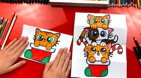 How To Draw A Christmas Kitten Stack (Folding Surprise) - Art For Kids ...