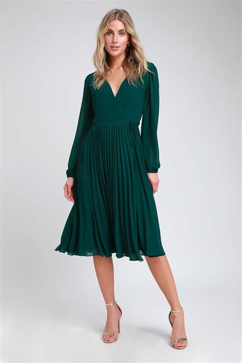 First Impression Dark Green Pleated Midi Wrap Dress | Green dress casual, Green midi dress ...