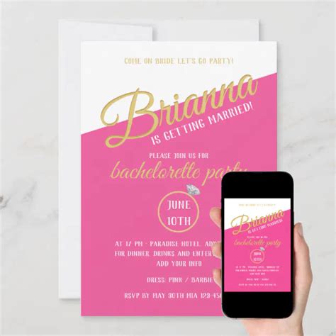 Retro Hot Pink Golden Bachelorette Party Invitation | Zazzle