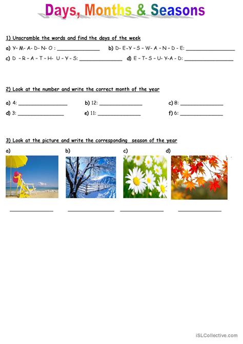 Days, months and seasons: English ESL worksheets pdf & doc