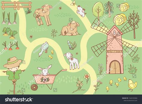 Funny Farm Animals Map Eco Village Stock Vector (Royalty Free ...