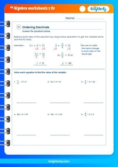 Free Printable 7th Grade Algebra Worksheets [PDFs] Brighterly