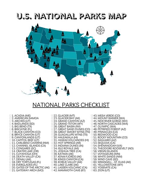 U.S. National Parks Map with All 63 Parks (Printable) | Us national ...