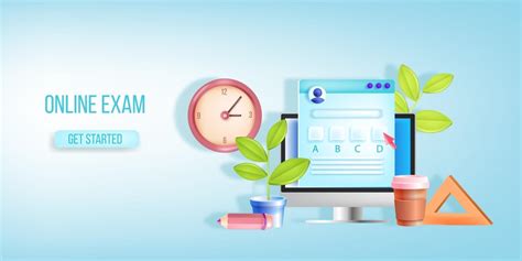 Online exam, internet distance school test, vector banner, landing page, clock, computer screen ...