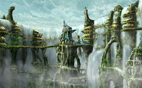 Green tree illustration, artwork, fantasy art, waterfall, city HD ...