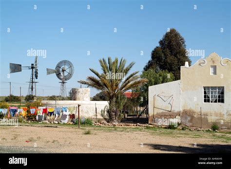 Pofadder in the Namakwa area of the northern cape South Africa. windpumps and washing drying on ...