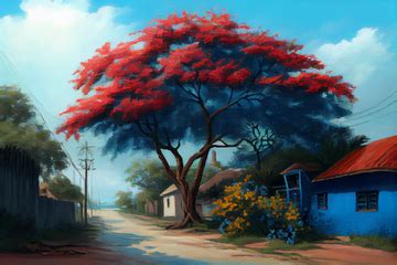 Vibrant Blooms: A Stunning Oil Painting Print of a Gulmohar Tree in an