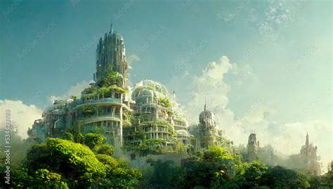 Post apocalyptic city, futuristic overgrown buildings, concept art. 3d ...