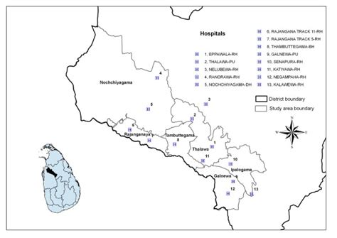 Distribution of study areas and hospitals in the Anuradhapura District ...