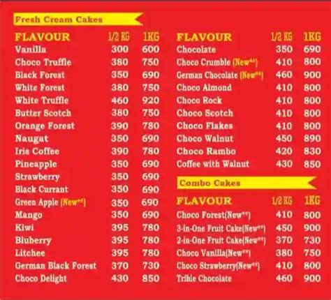 Menu of FB Cakes, Kelambakkam, Chennai