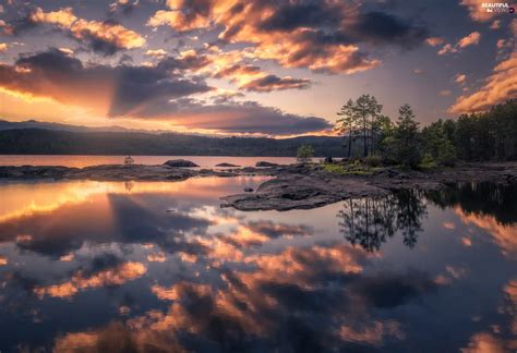 Great Sunsets, lake, viewes, rocks, trees, clouds - Beautiful views wallpapers: 2048x1401