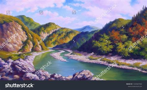 Mountain Autumn Landscape River Oil Painting Stock Illustration 1244587303 | Shutterstock