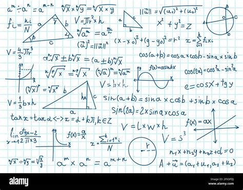 Doodle math formulas. Handwritten mathematical equations, schemes on notebook squared paper ...