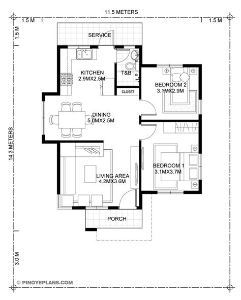 Katrina - Stylish Two Bedroom House Plan | Pinoy ePlans | Two bedroom house, Bedroom house plans ...