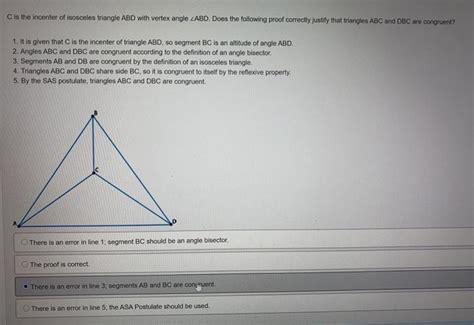 Solved C is the incenter of isosceles triangle ABD with | Chegg.com