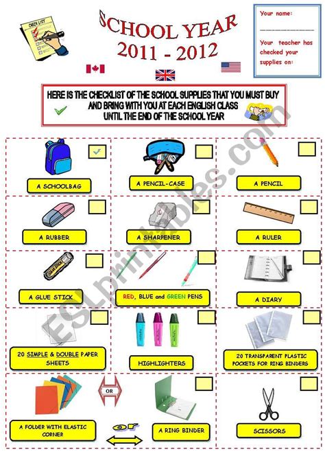 SCHOOL SUPPLIES CHECKLIST * EDITABLE DOCUMENT* - ESL worksheet by flo84