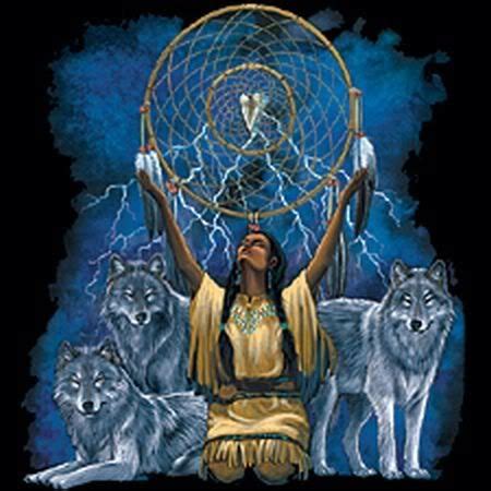 a woman holding a circle with four wolfs around her