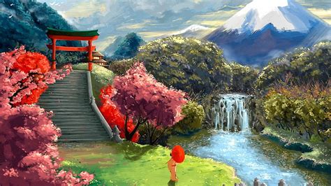 Japanese Garden Painting, Chinese Garden, Anime Paintings, Cherry Blossom, Fantasy Paintings ...