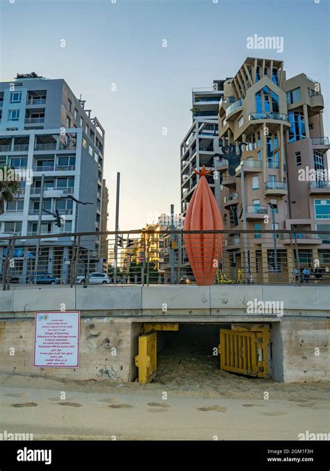 Tel Aviv, Israel - August 20th, 2021: An entrance to a drainage tunnel ...