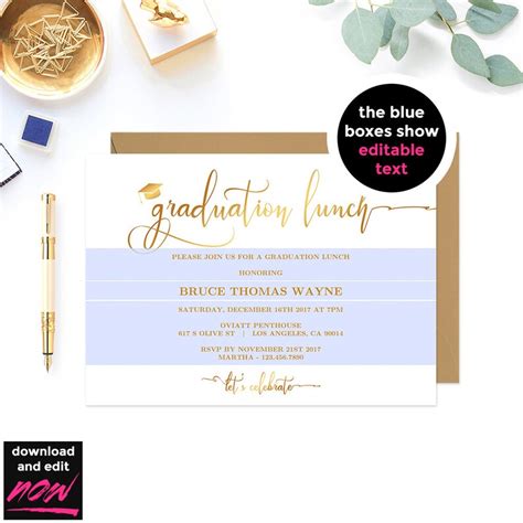 Gold Graduation Lunch Party Invitation Printable Template | Etsy