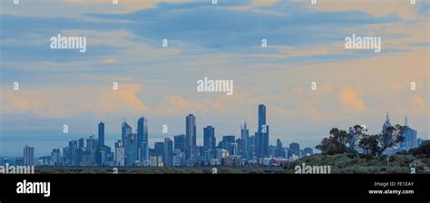 Melbourne skyline in early morning yellow sunrise Stock Photo - Alamy