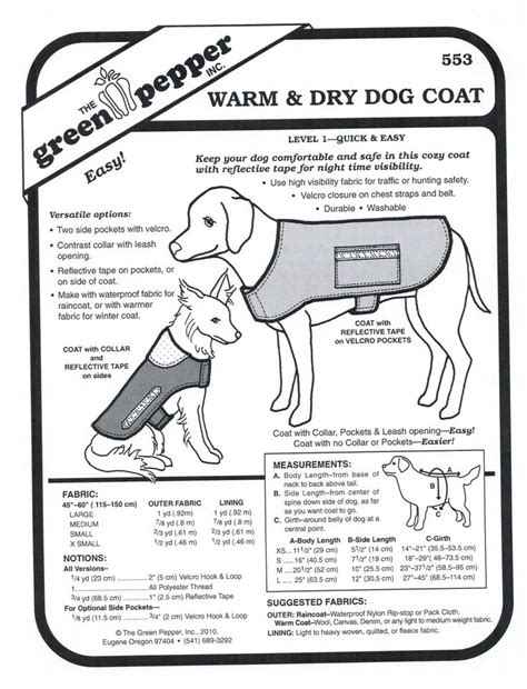 Warm & Dry Dog Coat Sewing Pattern (Sold per Each) | Dog coat pattern, Dog coats, Large dog coats