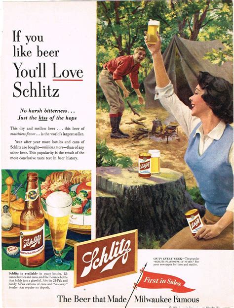 Campfire Light - Print ad for Schlitz Malt Liquor, 1953