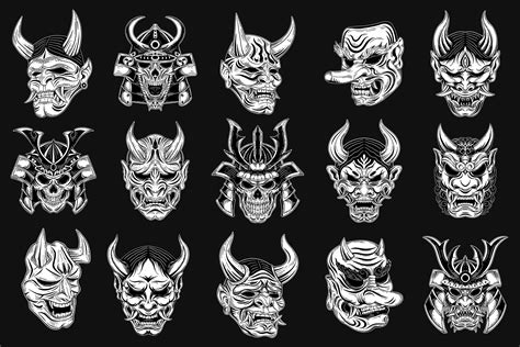 15 Bundle Japanese Demon Mask Skull Samurai Warrior Dark Art Tattoo Japanese Mask Oni Demon ...